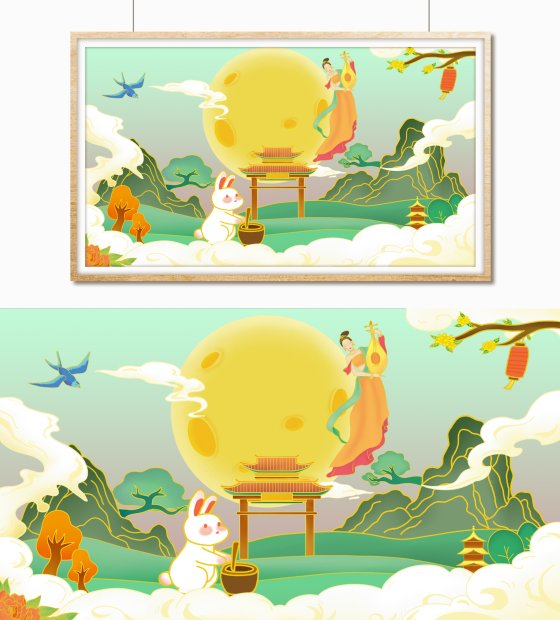 手绘中秋月亮国潮风插画