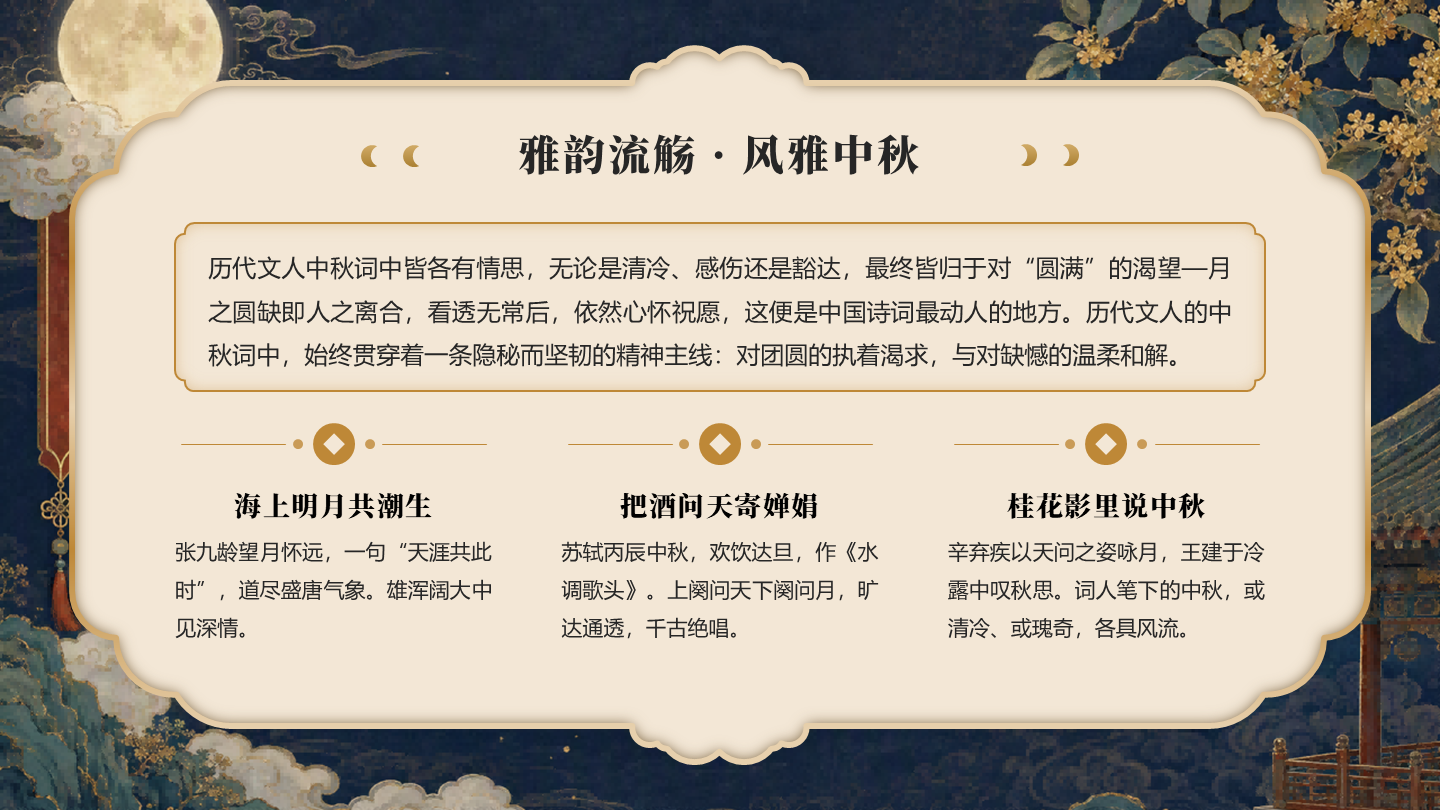 黄色鎏金国风中秋节传统文化总结介绍PPT单页