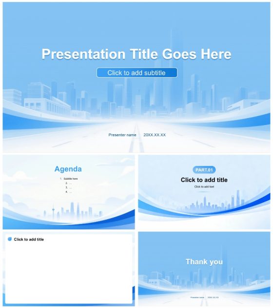 蓝色简约商务城市剪影年终工作汇报总结PPT主题模板
