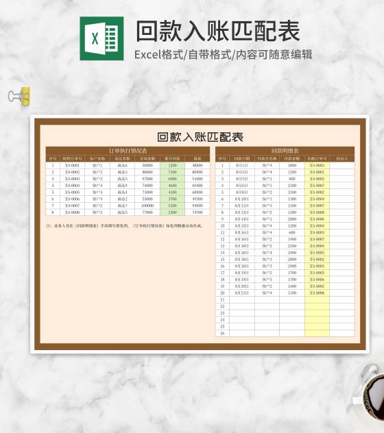 订单回款入账匹配表Excel模板
