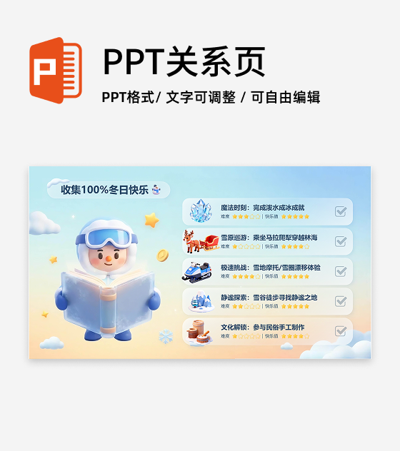 可爱3D插画雪乡之旅介绍宣传PPT单页