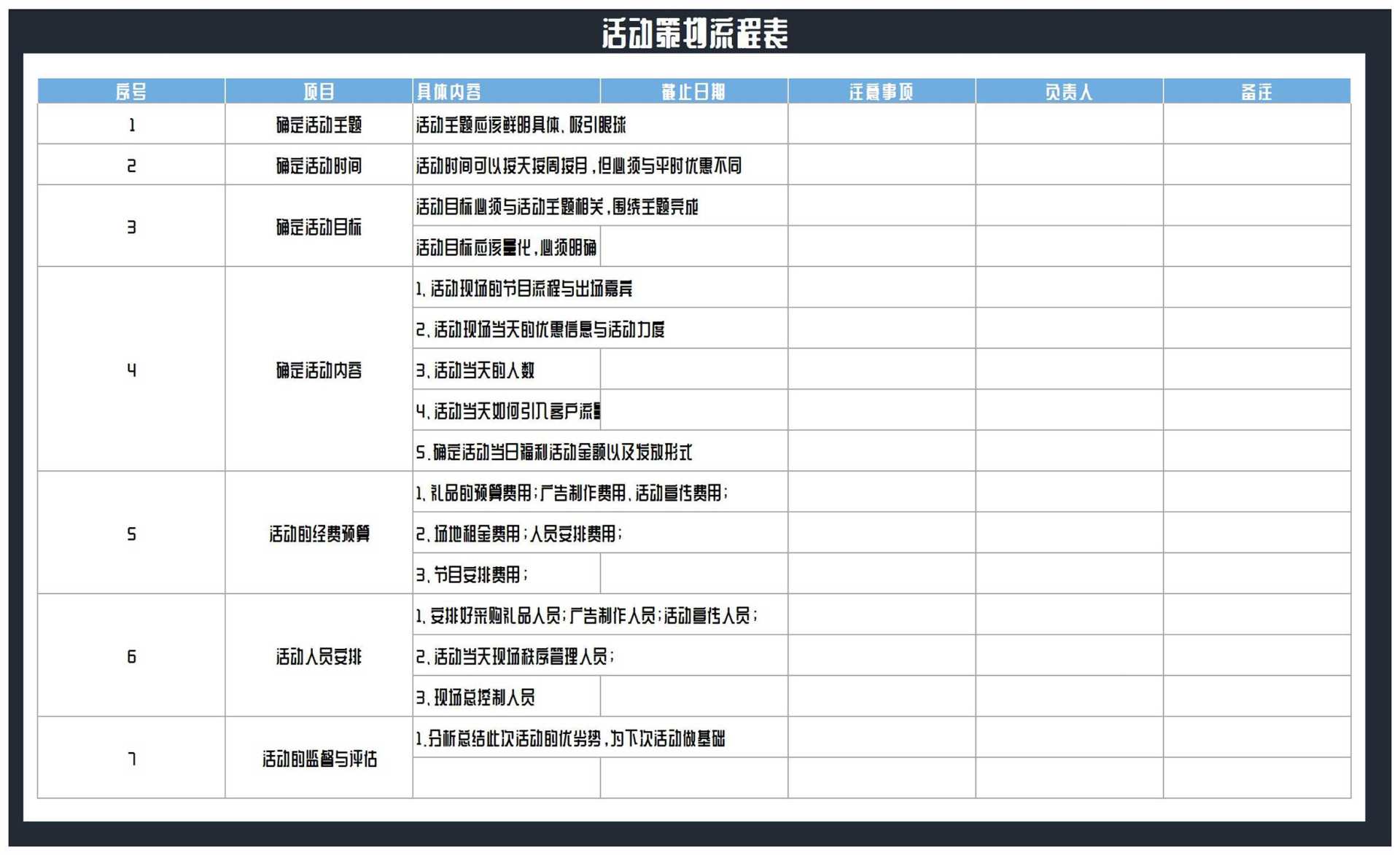 商务活动策划流程表Excel模板