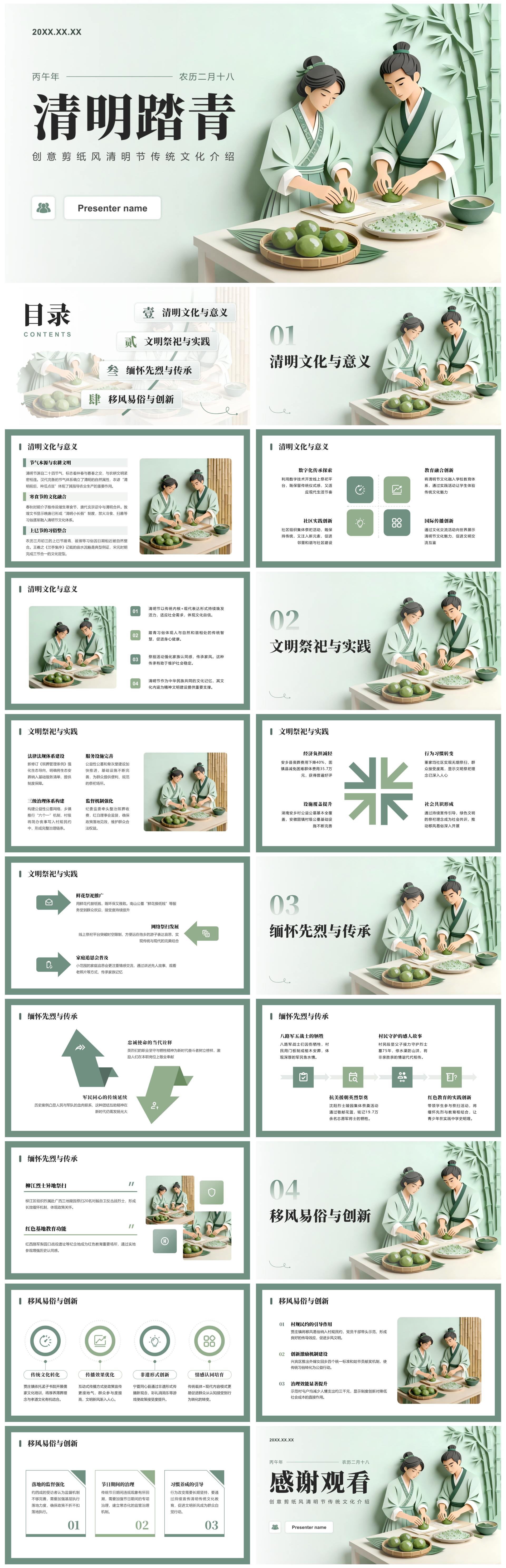 绿色创意剪纸风清明节传统文化科普介绍PPT模板