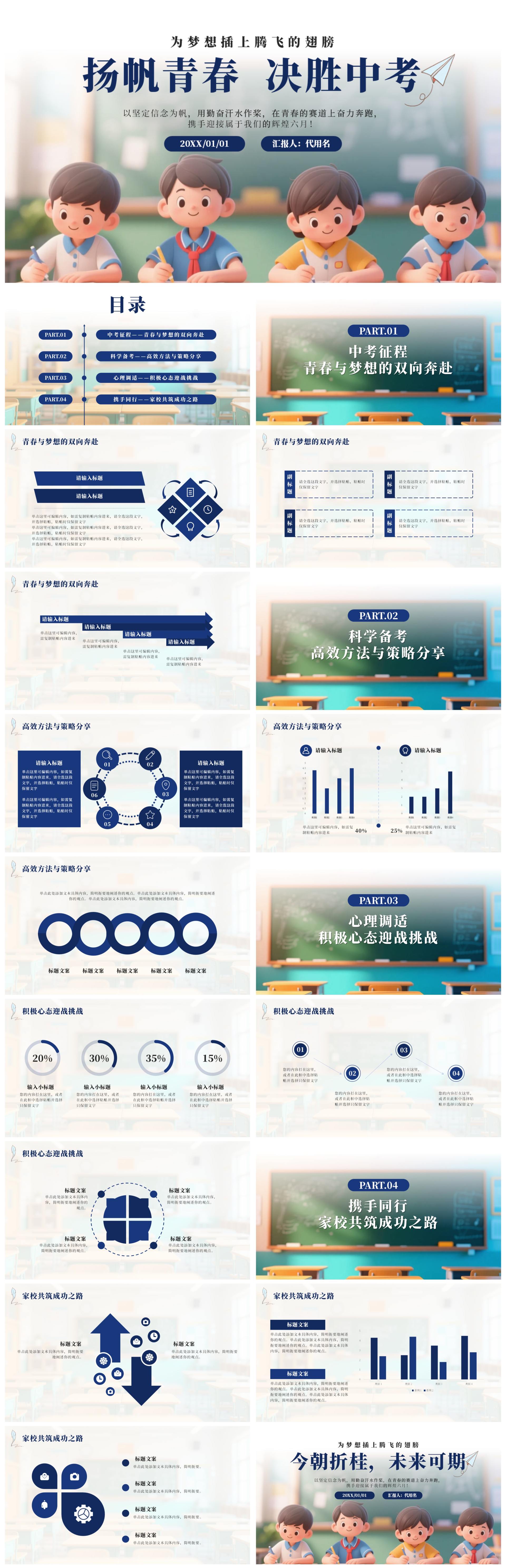 蓝色卡通杨帆青春决胜中考主题班会PPT模板