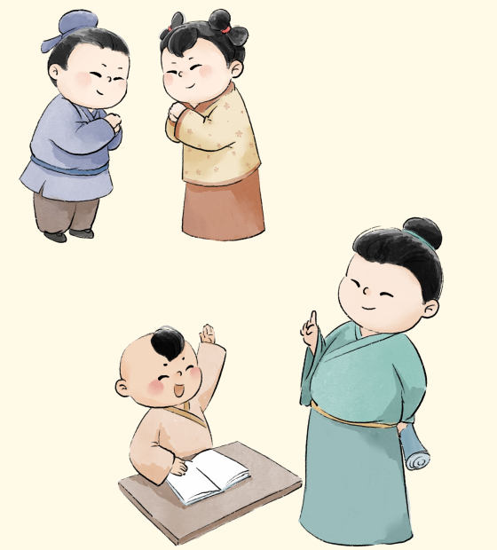 水墨古风孩童手绘素材