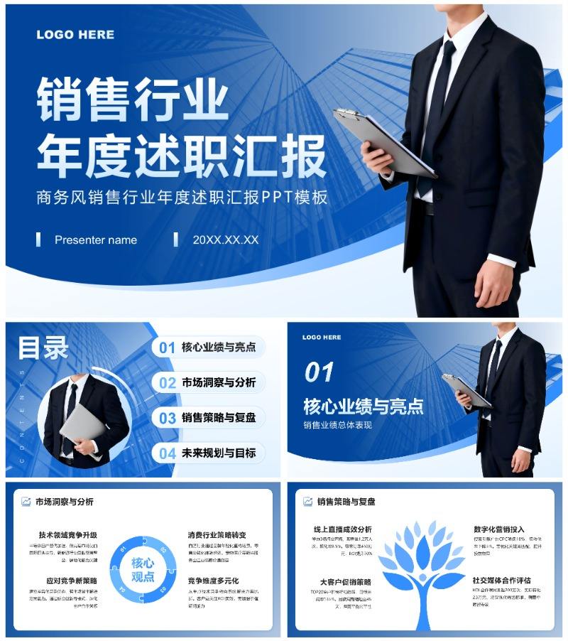 深蓝色商务风销售行业年度述职汇报PPT模板