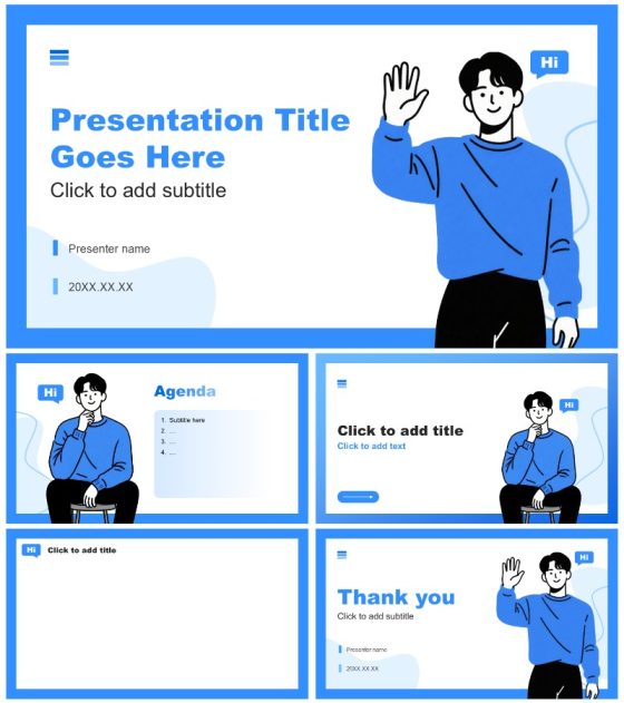 蓝色扁平插画风开学自我介绍PPT主题模板