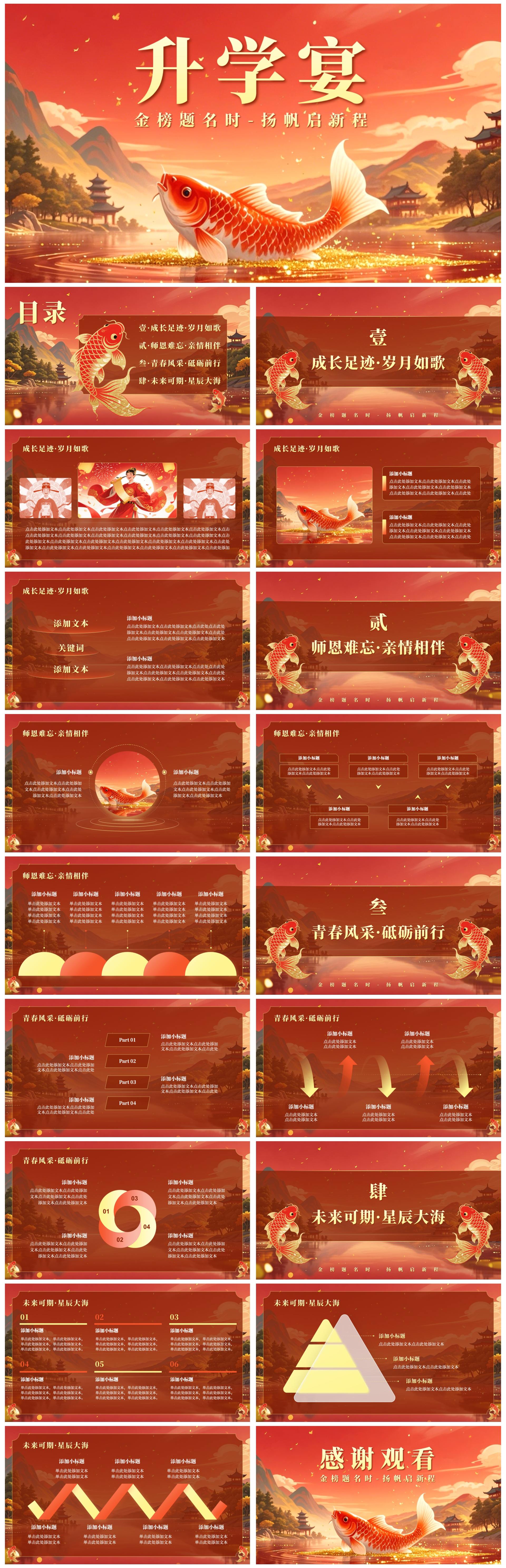 红黄色毕业季锦鲤升学宴主题PPT模板