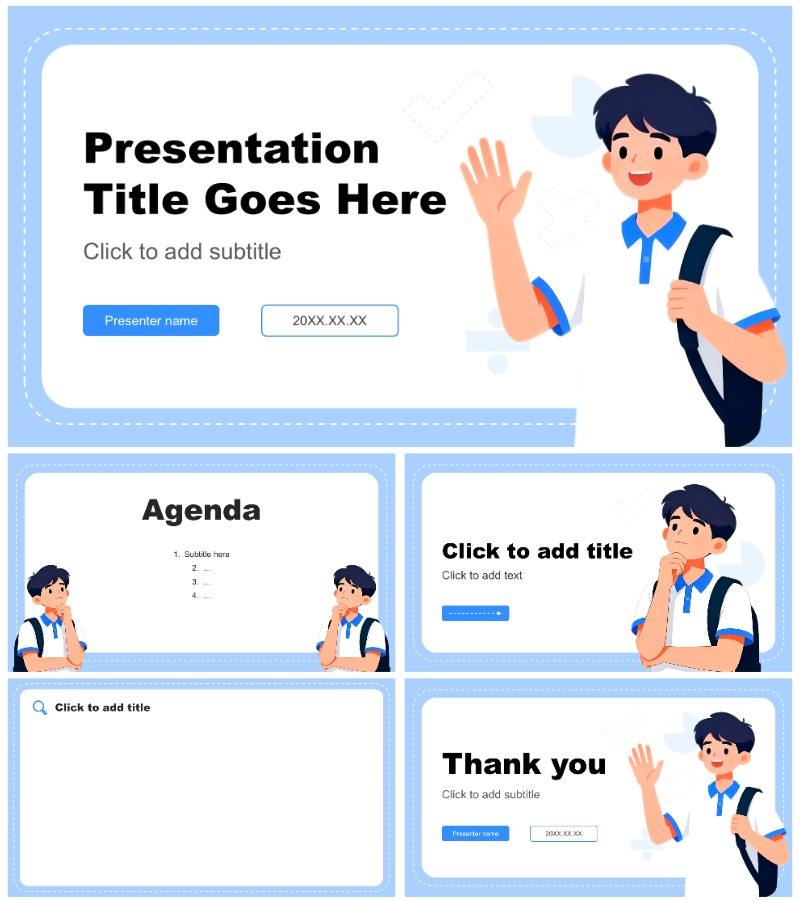 蓝色扁平插画风社团纳新面试自我介绍PPT主题模板