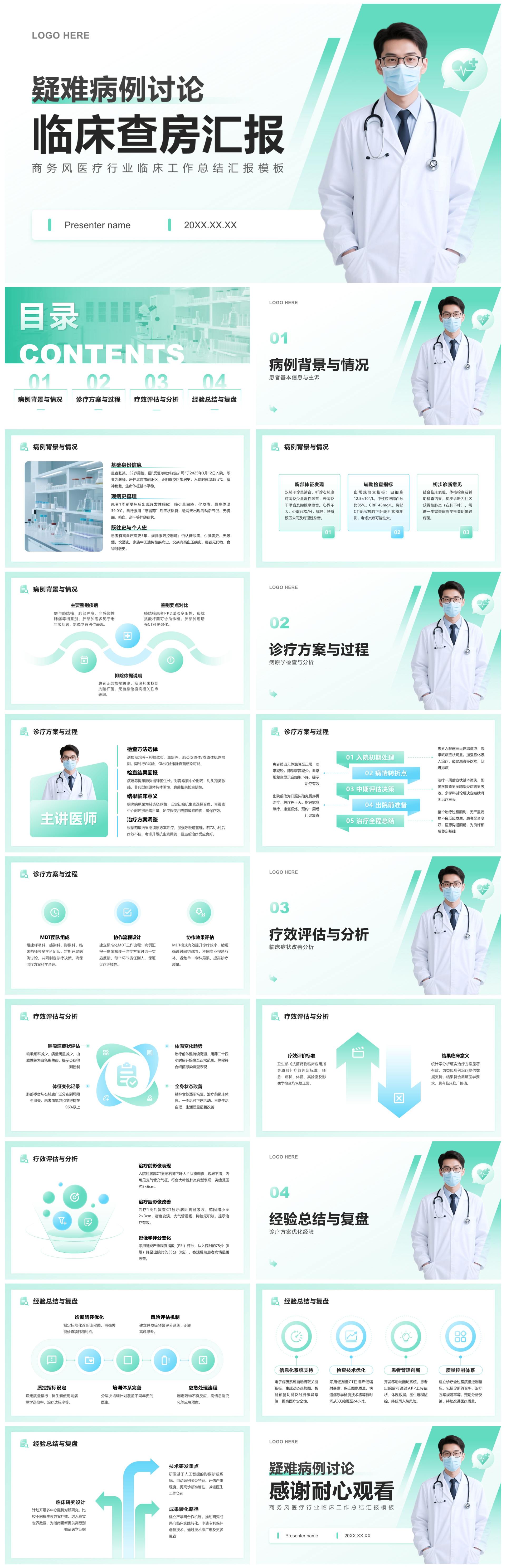 绿色渐变商务风医疗行业临床工作总结汇报PPT模板