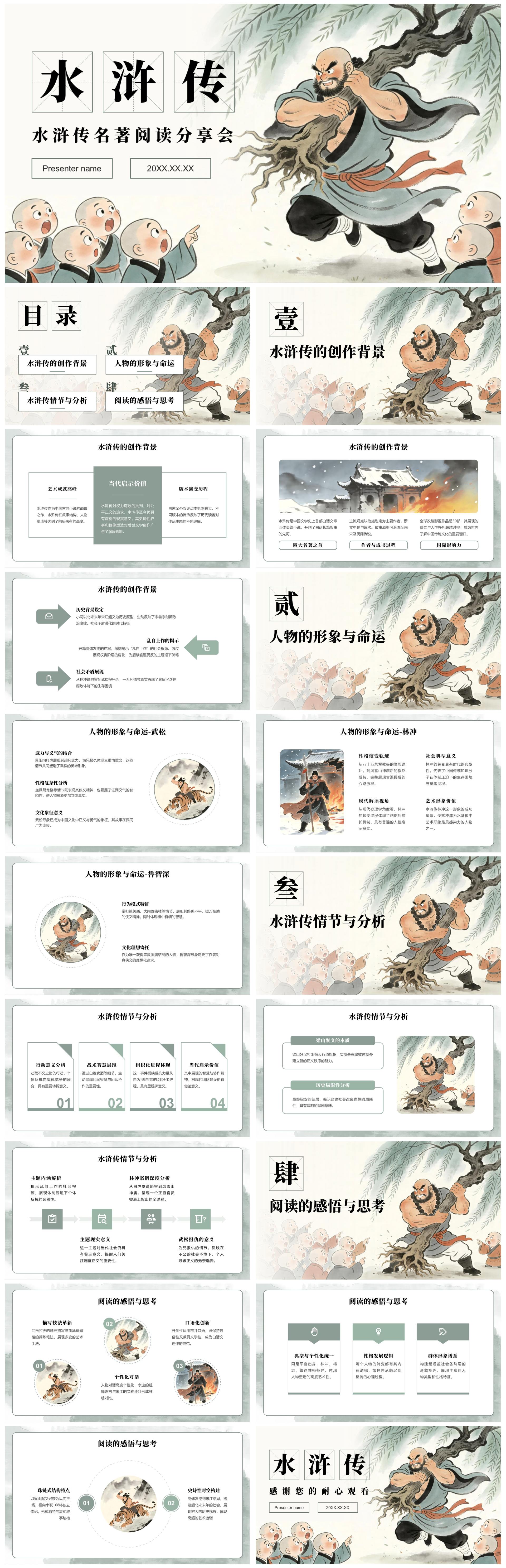 绿色中国风水浒传读书笔记名著分享PPT模板