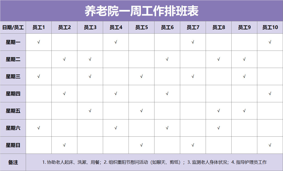 养老院一周工作排班表