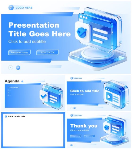 蓝色3D商务风年终总结述职汇报PPT主题模板