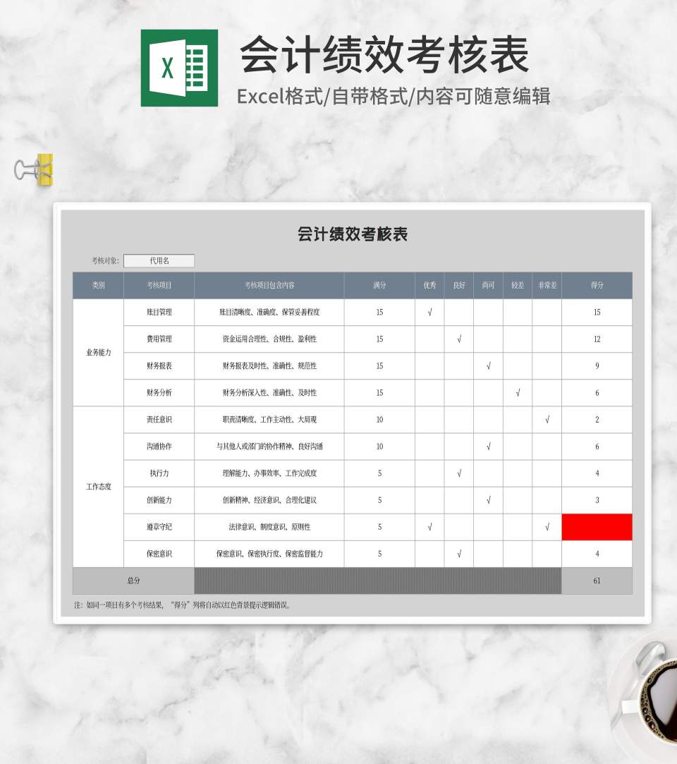 灰色财务会计绩效考核表Excel模板