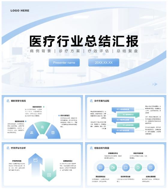 蓝绿几何简约风医学医疗行业总结汇报PPT模板