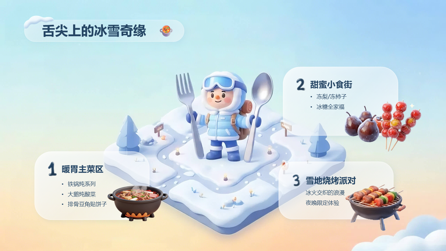 可爱3D插画雪乡之旅美食介绍宣传PPT单页