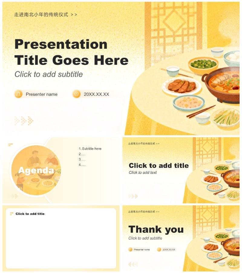 黄色小清新风小年节日纳福习俗介绍PPT主题模板