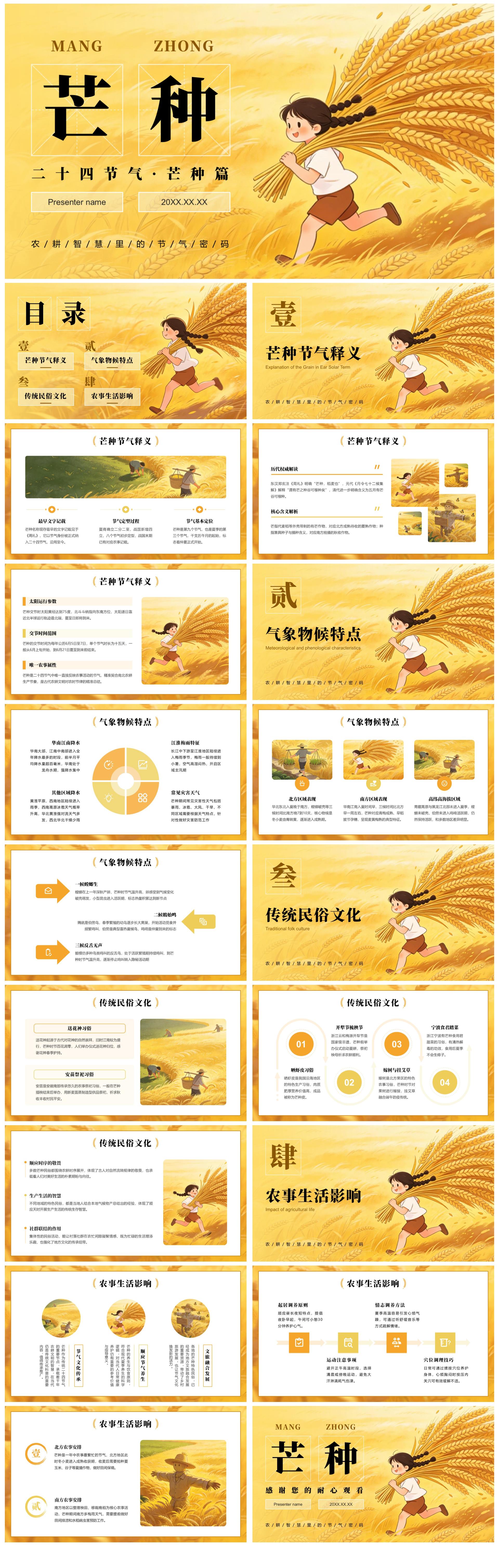 黄色插画风二十四节气芒种习俗介绍PPT模板