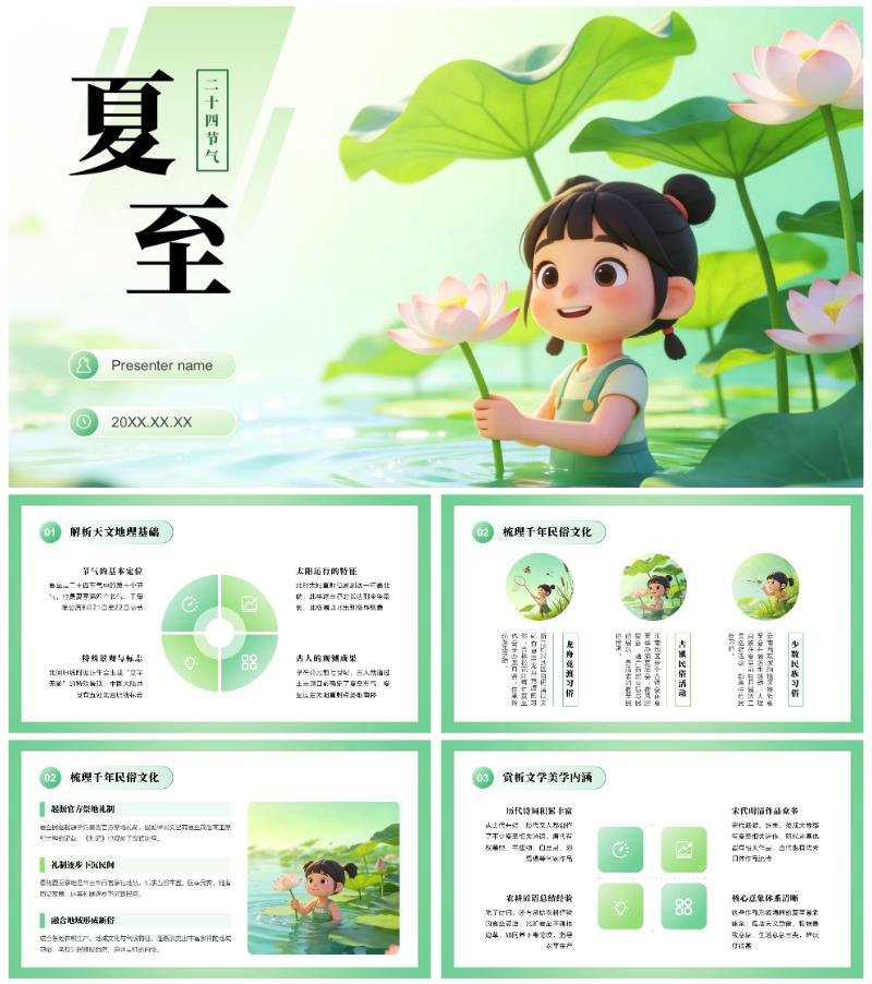 绿色3D卡通风二十四节气夏至习俗文化介绍PPT模板