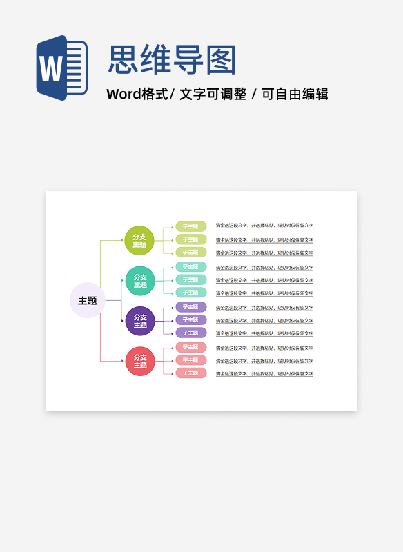思维导图 - 缤纷圆润树状思维导图word模板