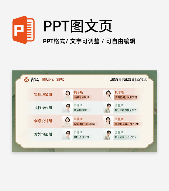 团队分工-红绿色古风工作汇报关系页PPT单页