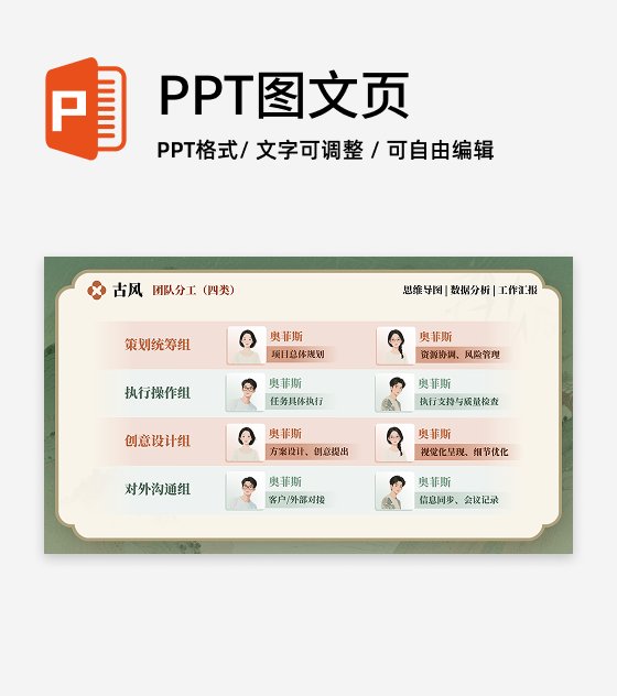 团队分工-红绿色古风工作汇报关系页PPT单页