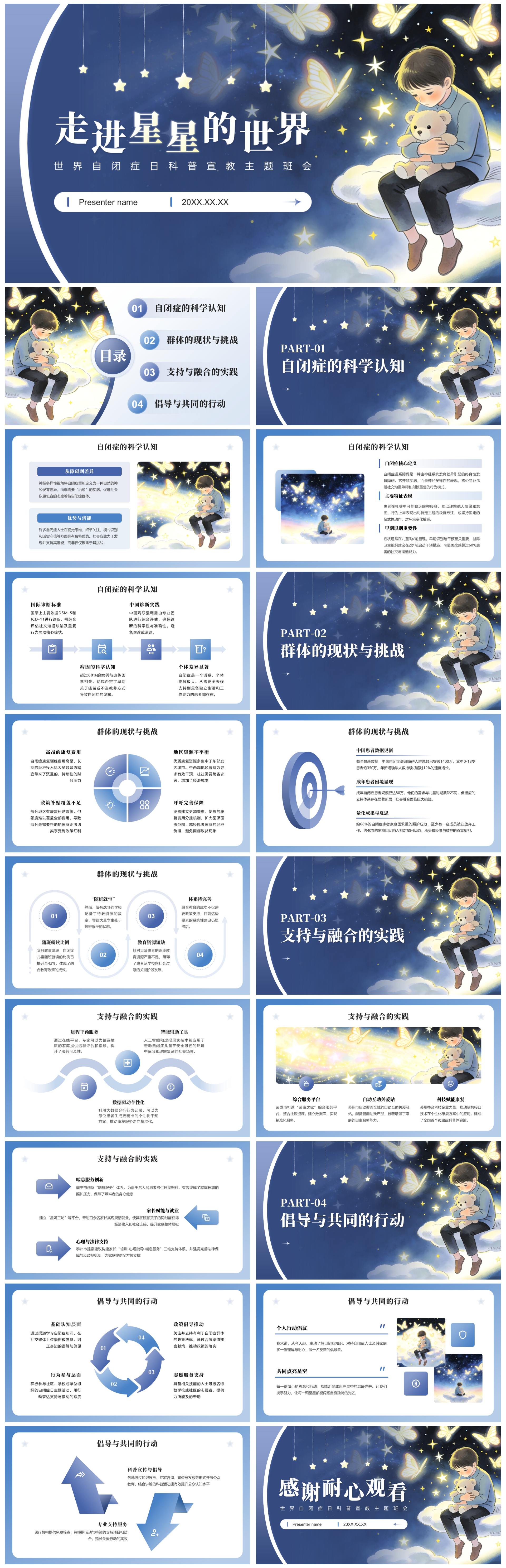 蓝色手绘插画风世界自闭症日科普主题教育PPT模板