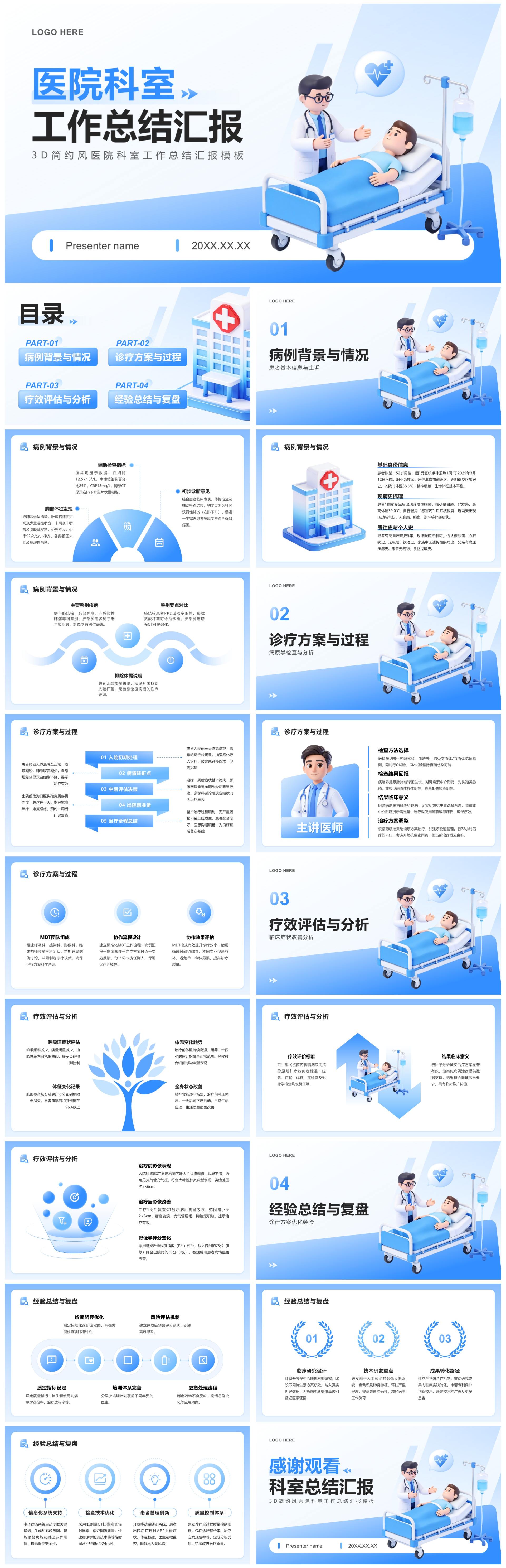 蓝白3D简约风医院科室工作总结汇报PPT模板