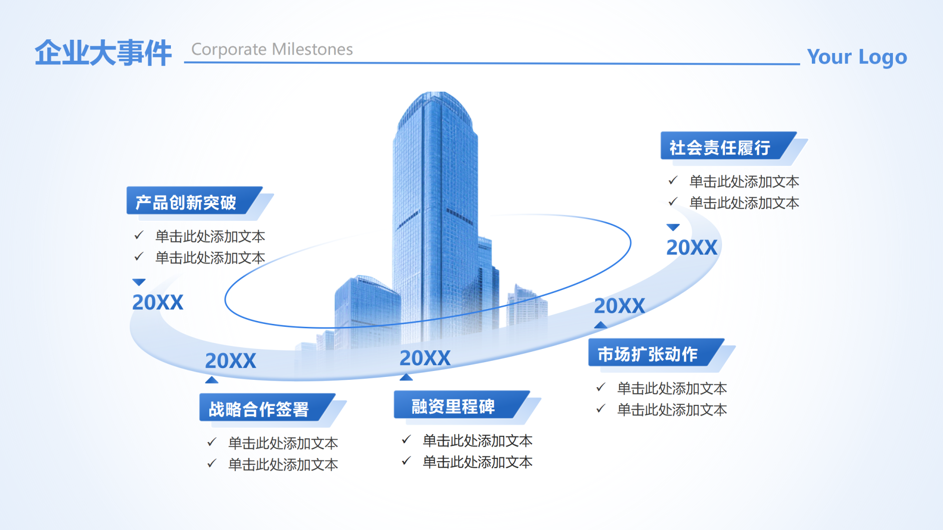 蓝色商务企业发展时间轴企业介绍PPT单页