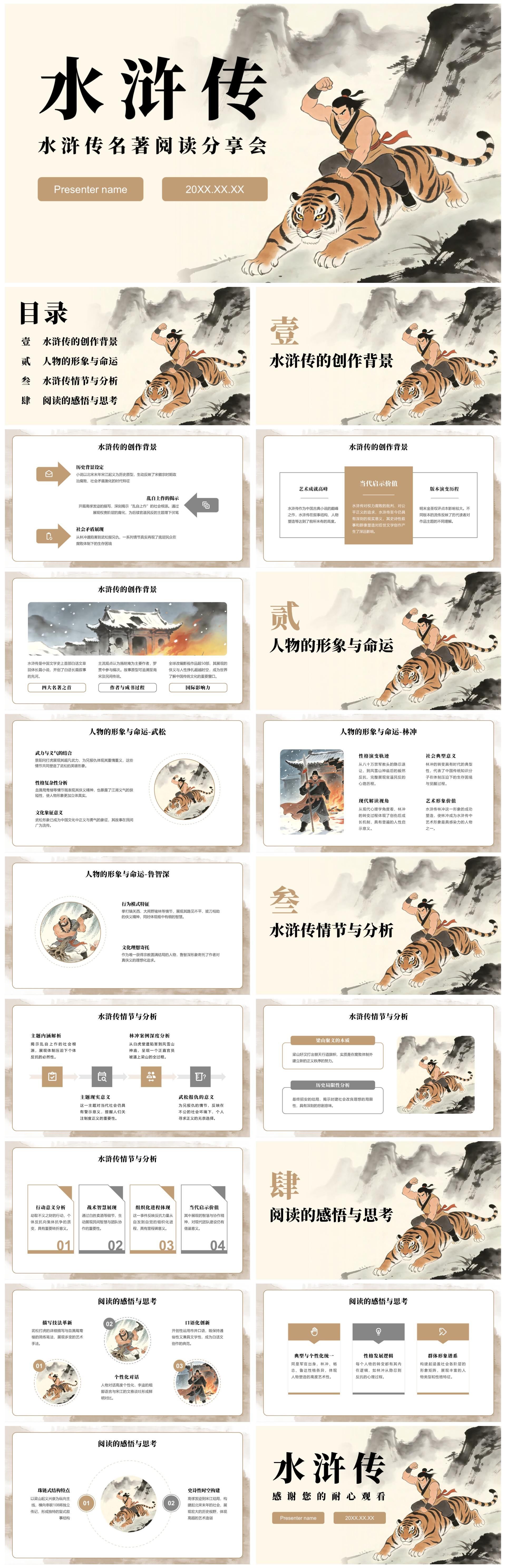 黄色复古插画风水浒传读书笔记名著解读PPT模板