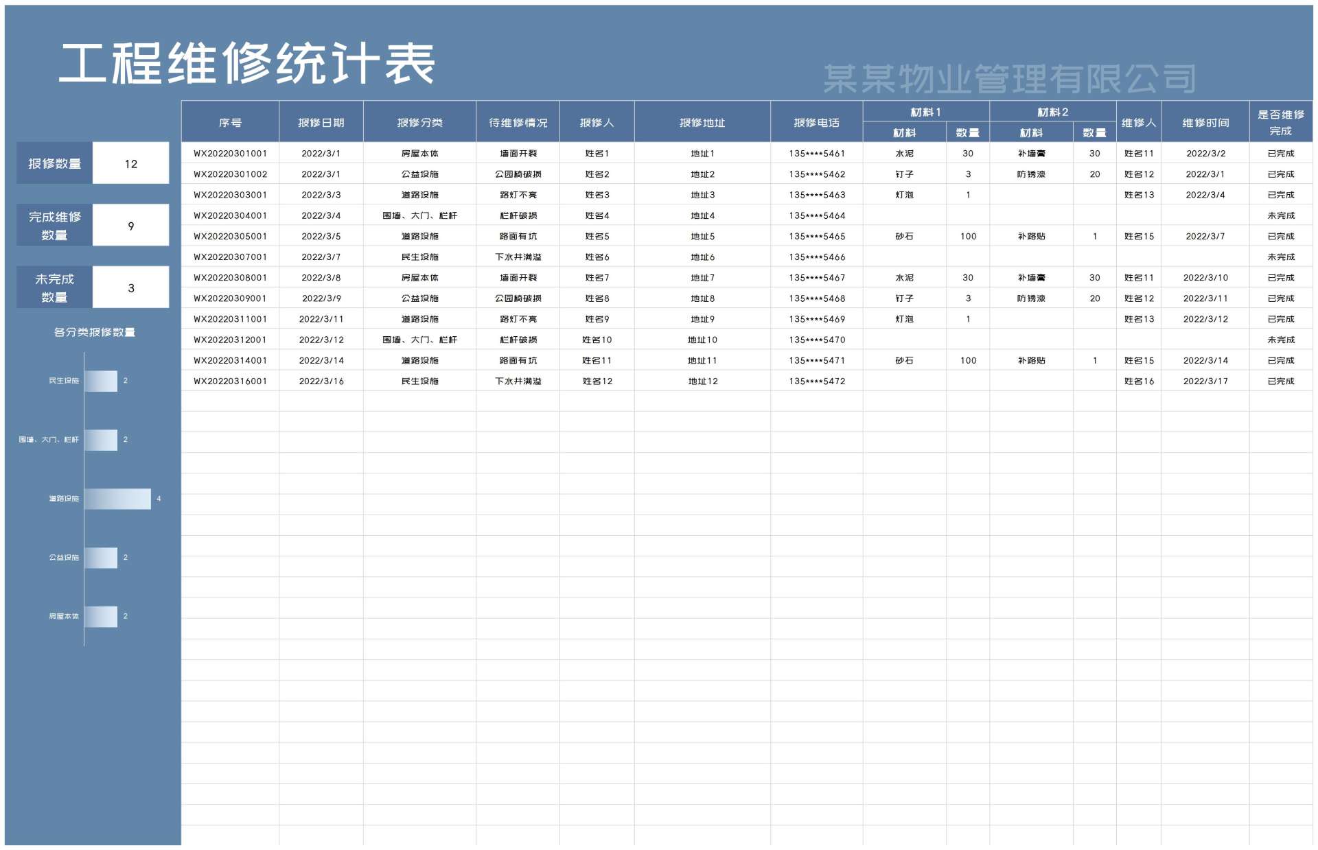 蓝色物业工程维修统计表Excel模板