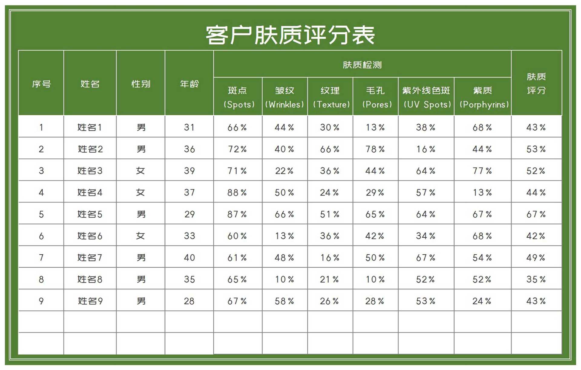 绿色客户肤质评分表Excel模板