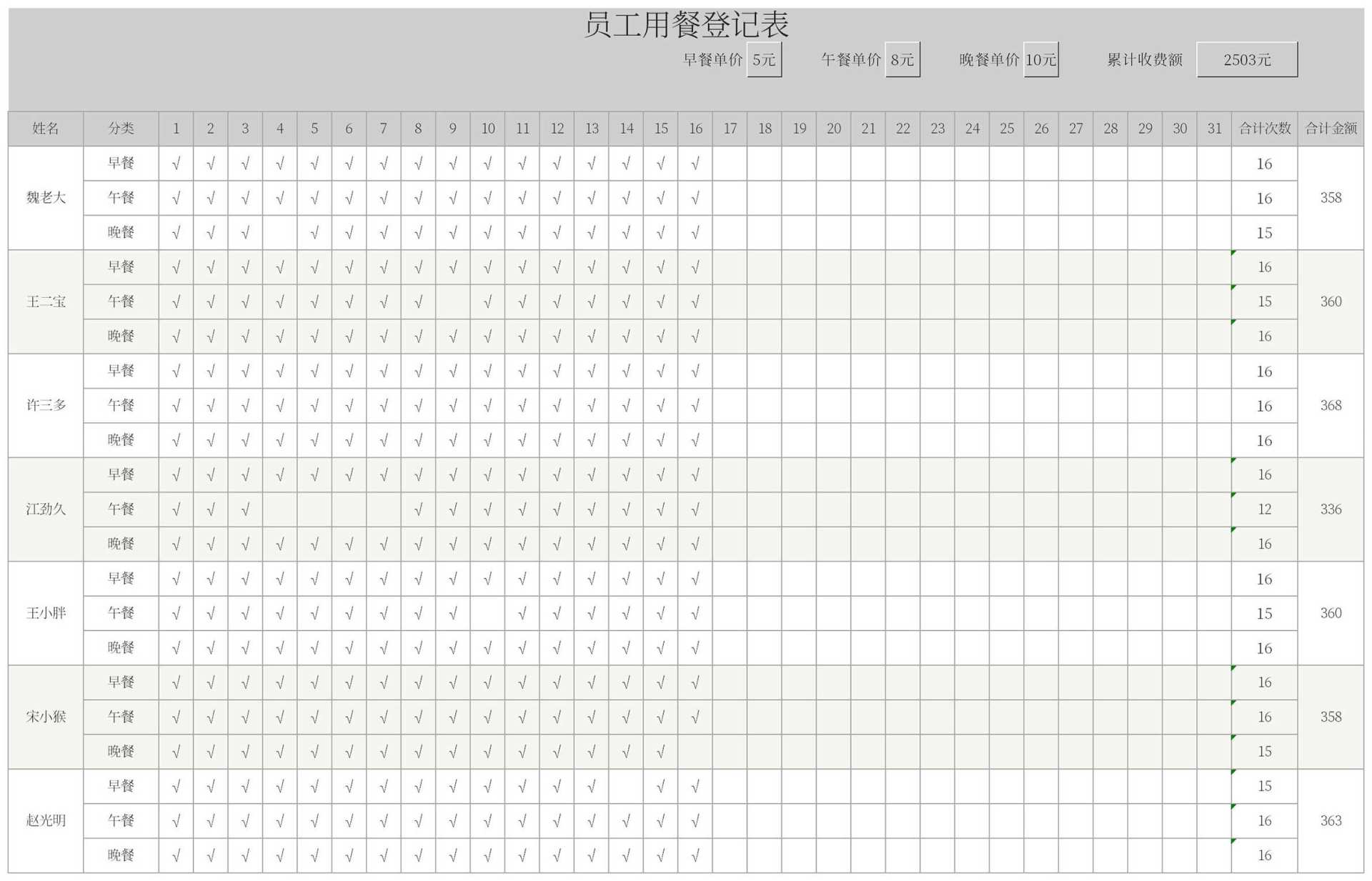 灰色员工用餐登记表Excel模板