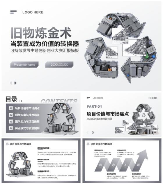 灰色3D风可持续发展主题创新创业大赛汇报PPT模板