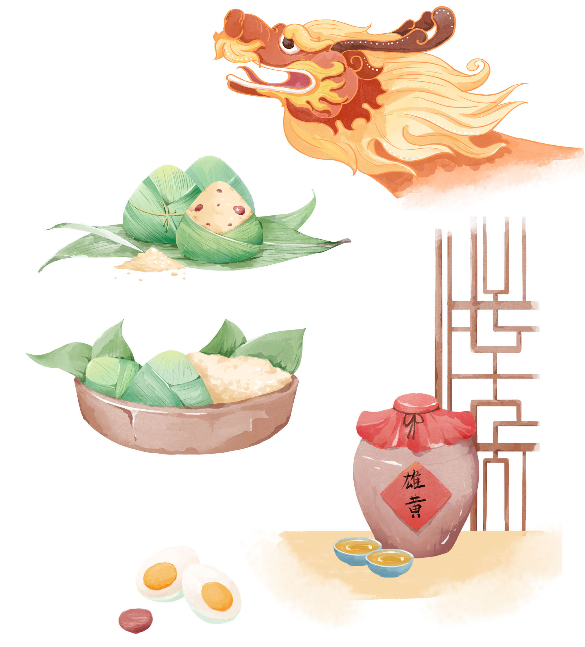端午节水彩粽子龙舟插画素材
