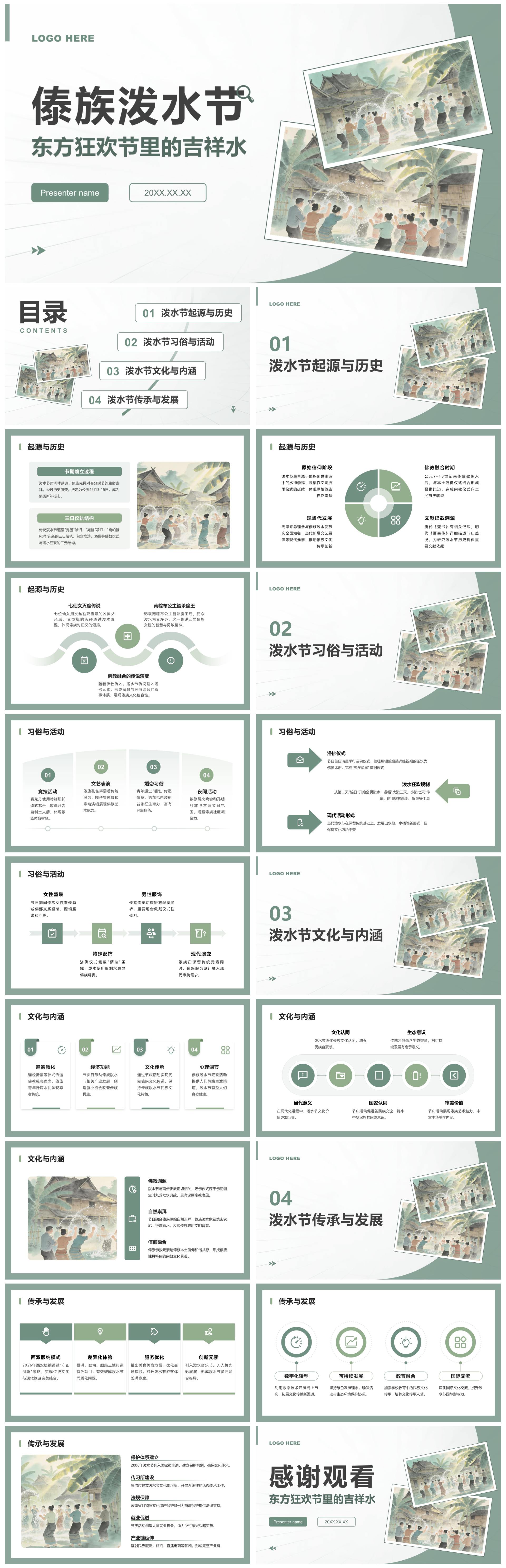 绿色简约插画风傣族泼水节文化习俗介绍PPT模板