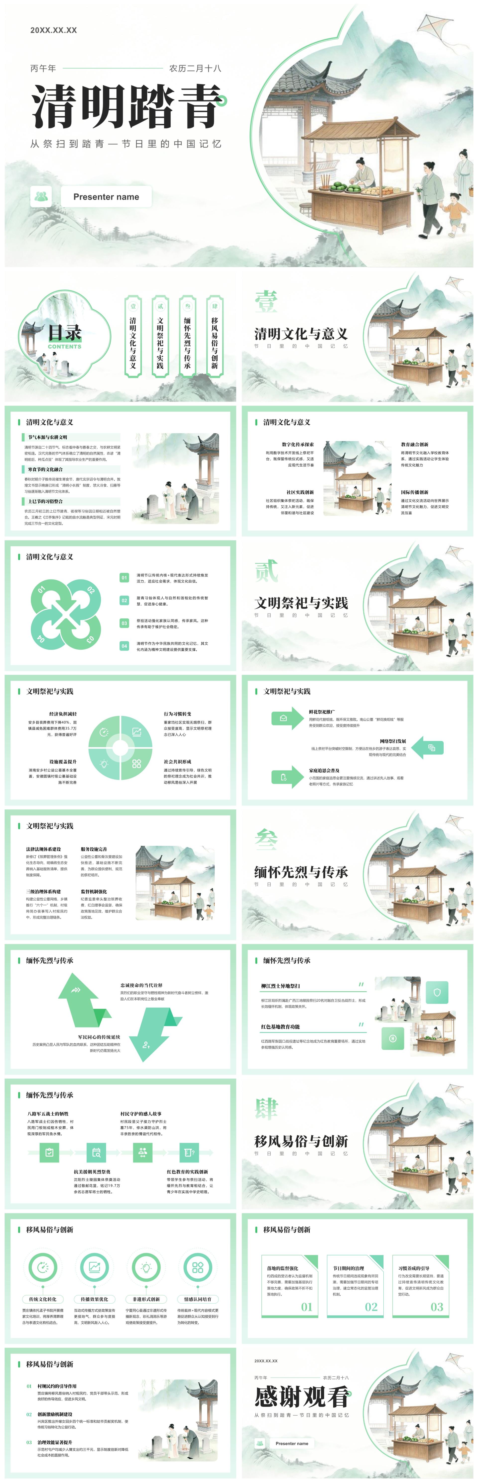 绿色插画国风清明传统文化节日习俗科普PPT模板