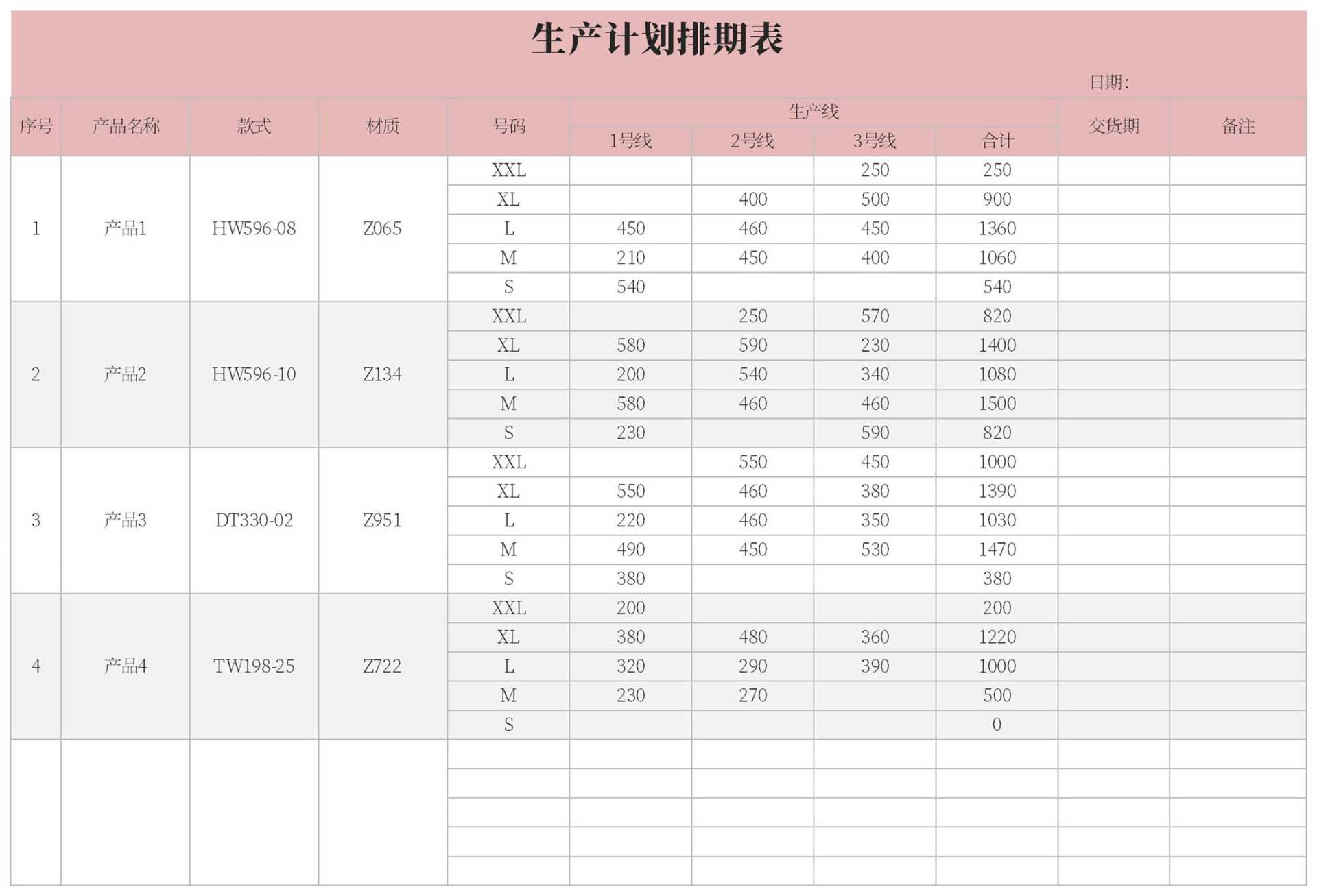 粉色生产计划排期表Excel模板