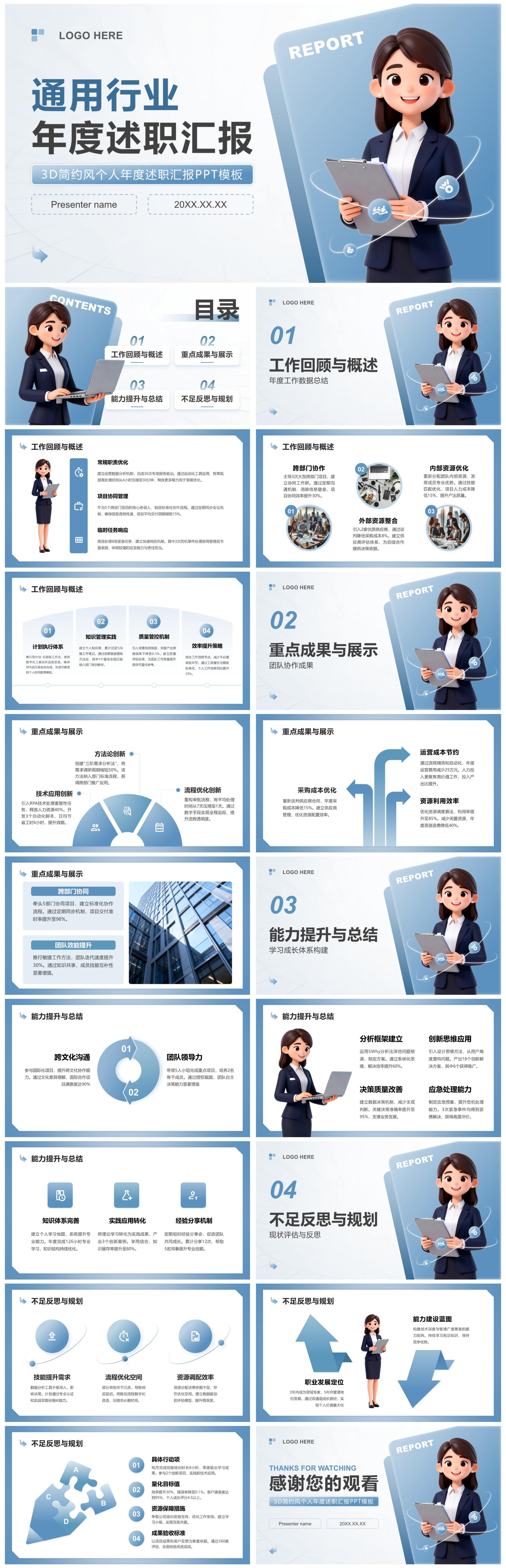 蓝色3D简约风通用行业年度述职汇报PPT模板