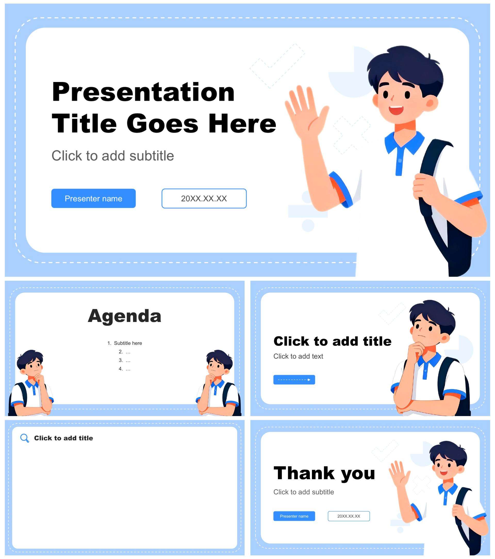 蓝色扁平插画风社团纳新面试自我介绍PPT主题模板