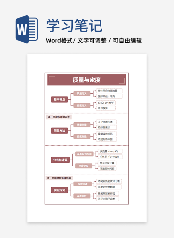 学习笔记-初中物理质量与密度双色矩形word模板