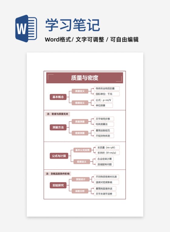 学习笔记-初中物理质量与密度双色矩形word模板