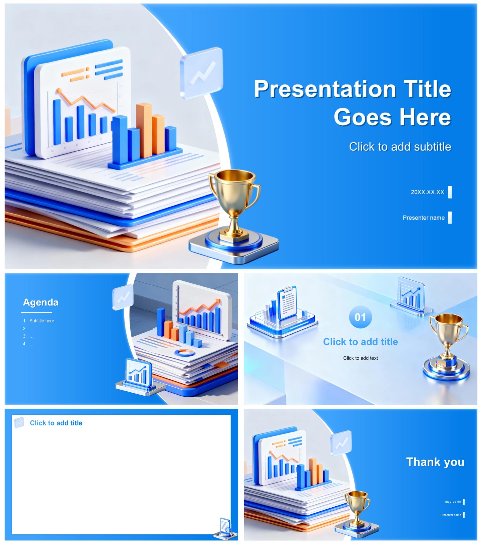 蓝色渐变3D商务风通用年终工作汇报PPT主题模板
