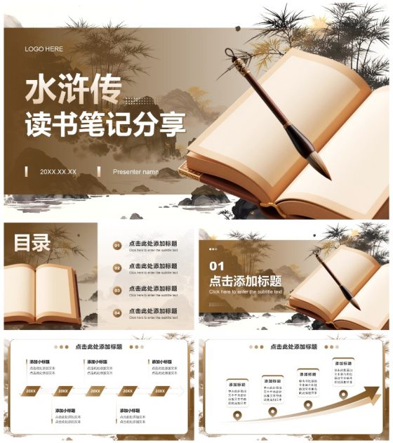 棕色3D插画风水浒传读书笔记作业汇报PPT模板