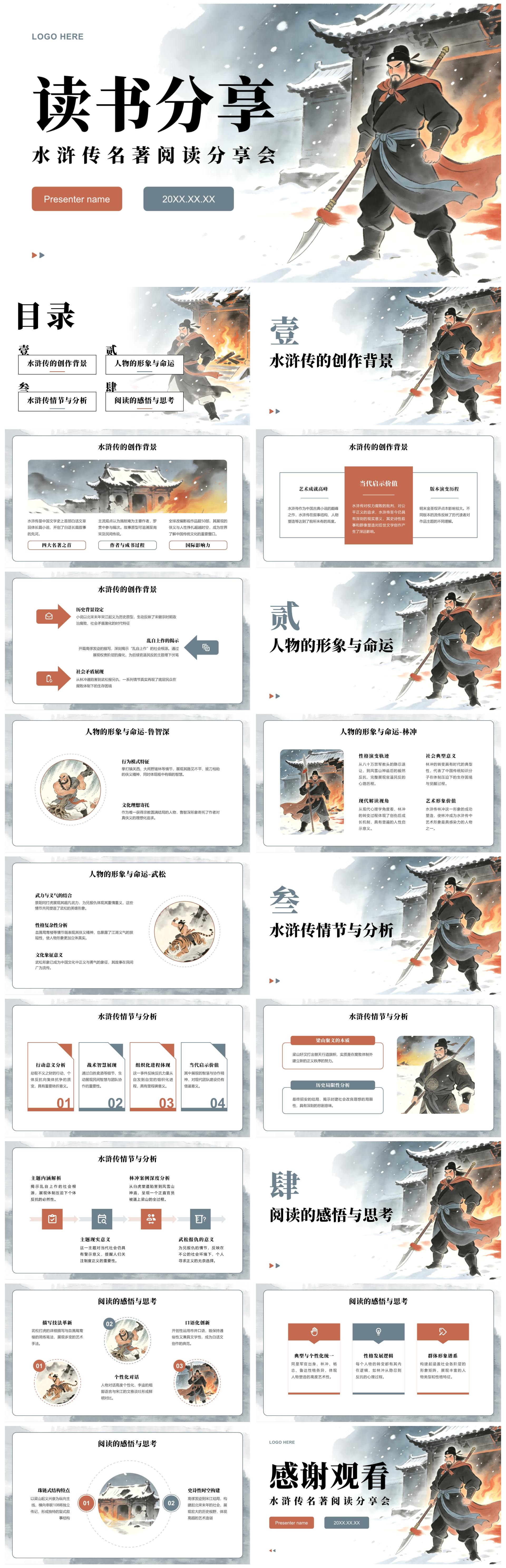 红蓝复古插画风名著水浒传读书笔记分享PPT模板