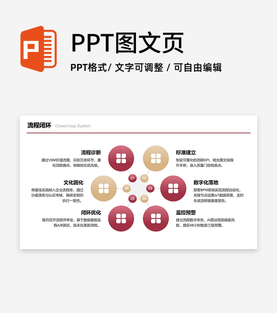 红金色六项流程闭环图PPT单页