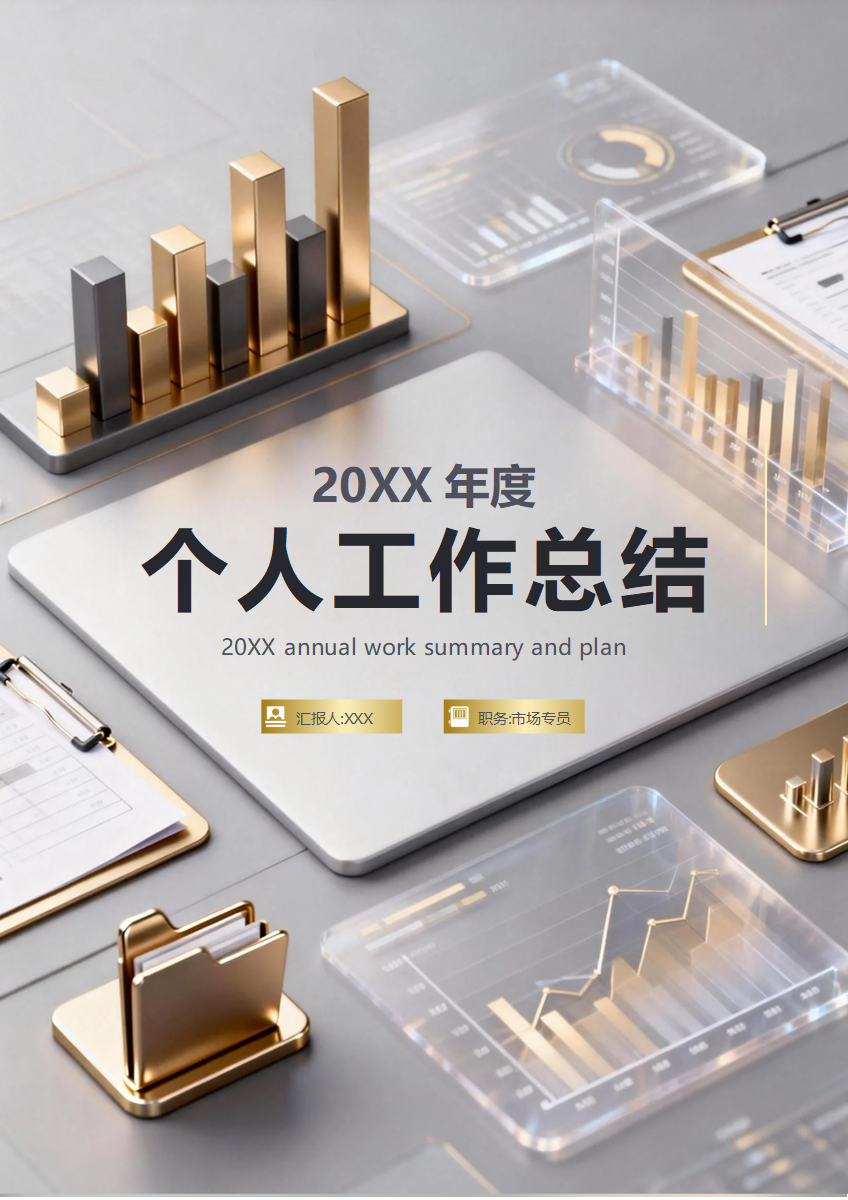 灰金色简约商务3D风通用年终工作总结汇报