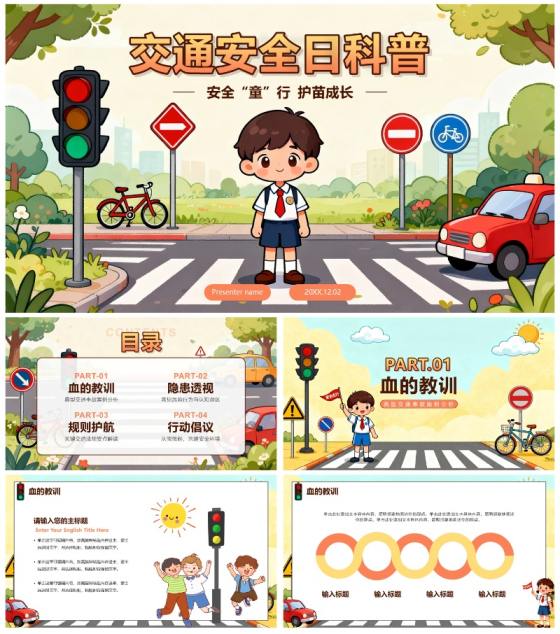 手绘卡通插画风交通安全日科普主题班会PPT模板