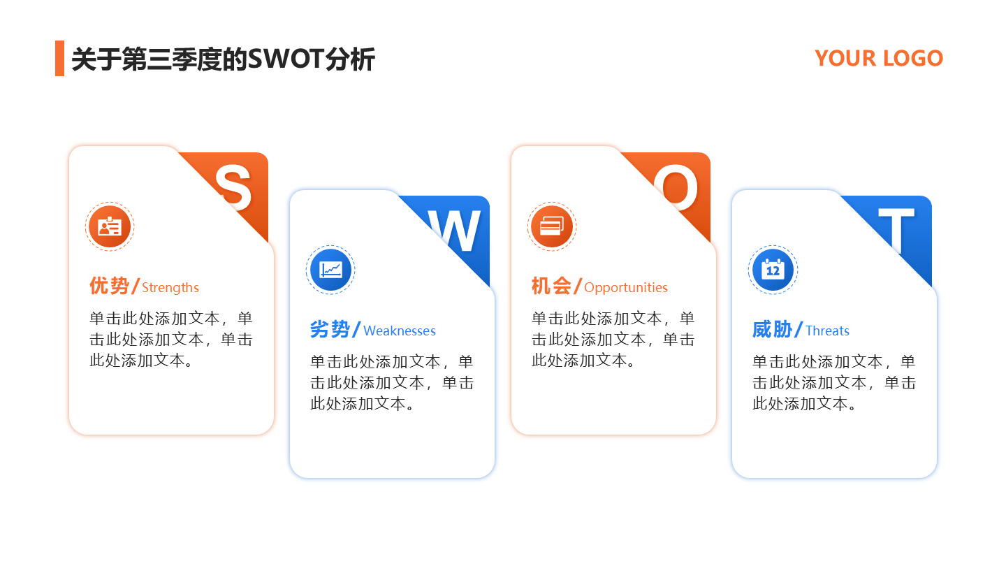 橙蓝色商务4项矩阵SWOTPPT单页