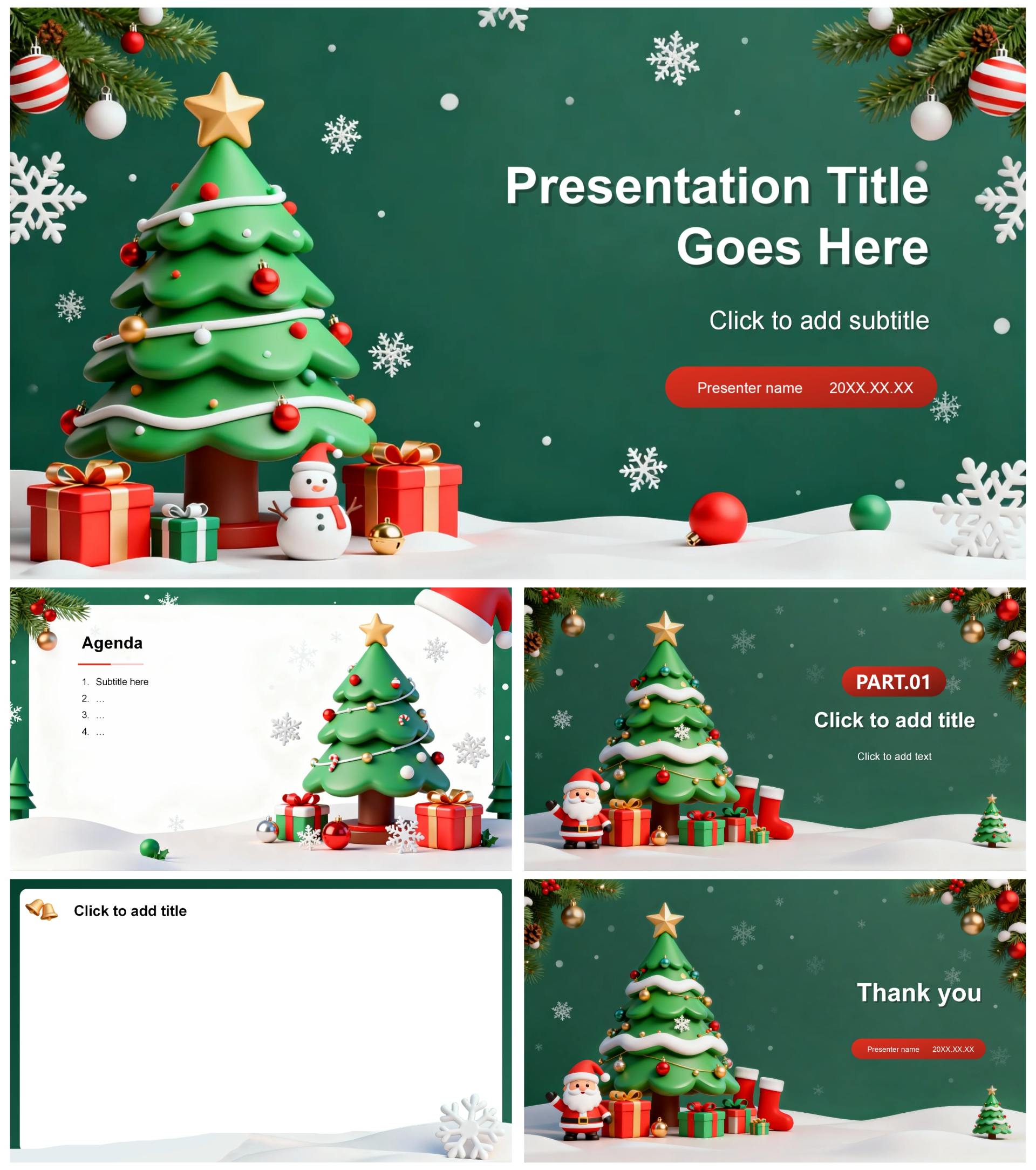 绿色清新3D卡通风圣诞节平安夜晚会PPT主题模板